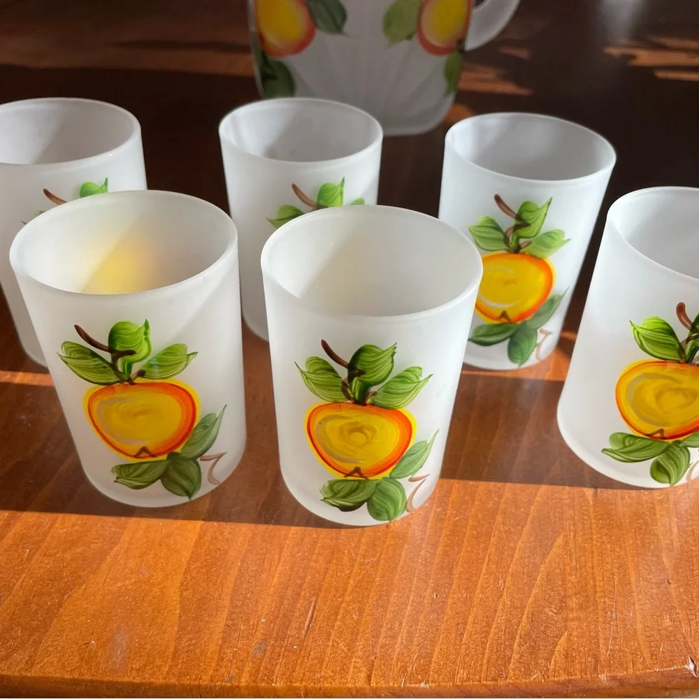 Vintage Orange Juice Satin Glass Pitcher & Six Matching Glasses